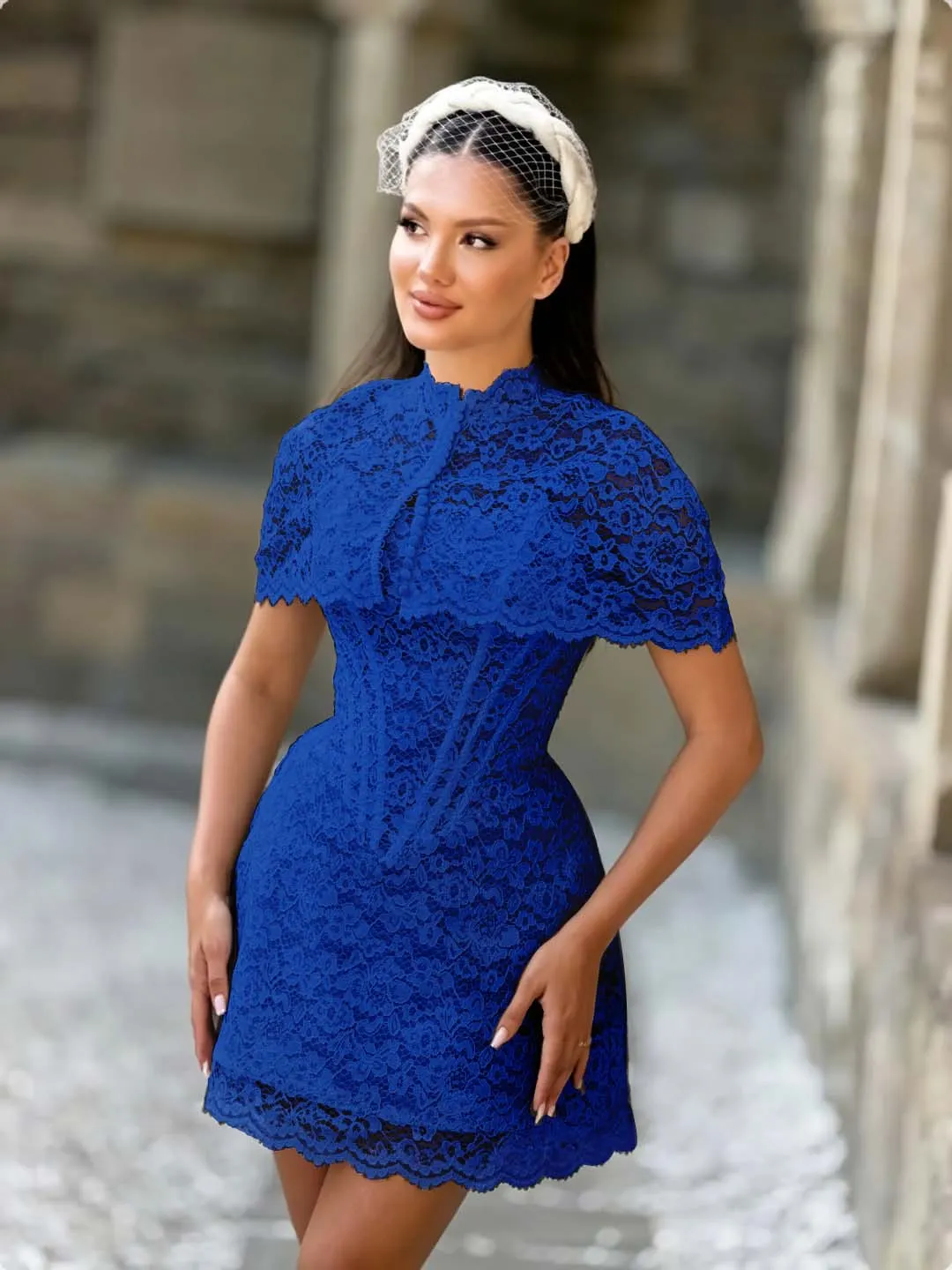 Exquisite Lace High Neck Short Sleeves High-Waistd Short Sheath Homecoming Dress | WT0214 Wellcucu