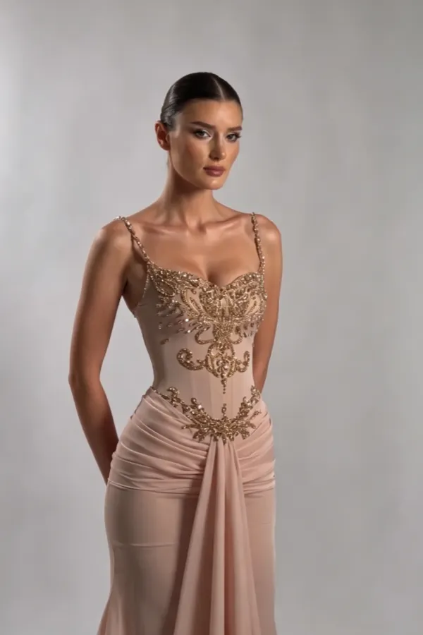Lussooy Glamorous Spaghetti Strap Beaded Rhinestone Sleeveless Pleated Prom Dress