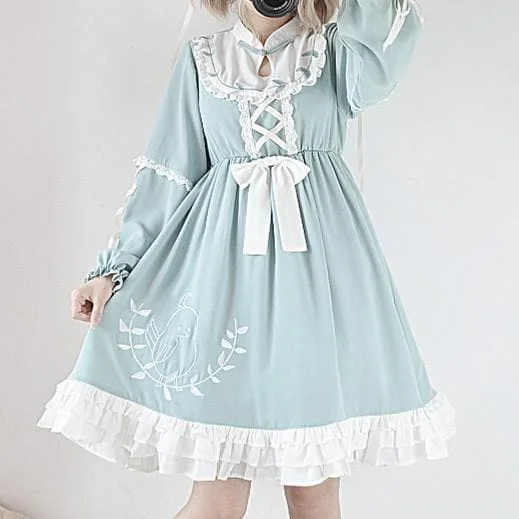 Mint Green Falbala Lace Long Sleeve Dress SP13190