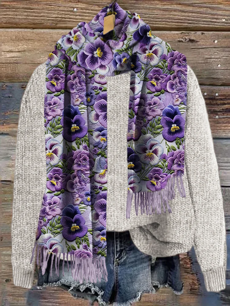Comstylish Pansy Floral Embroidery Pattern Cozy Scarf