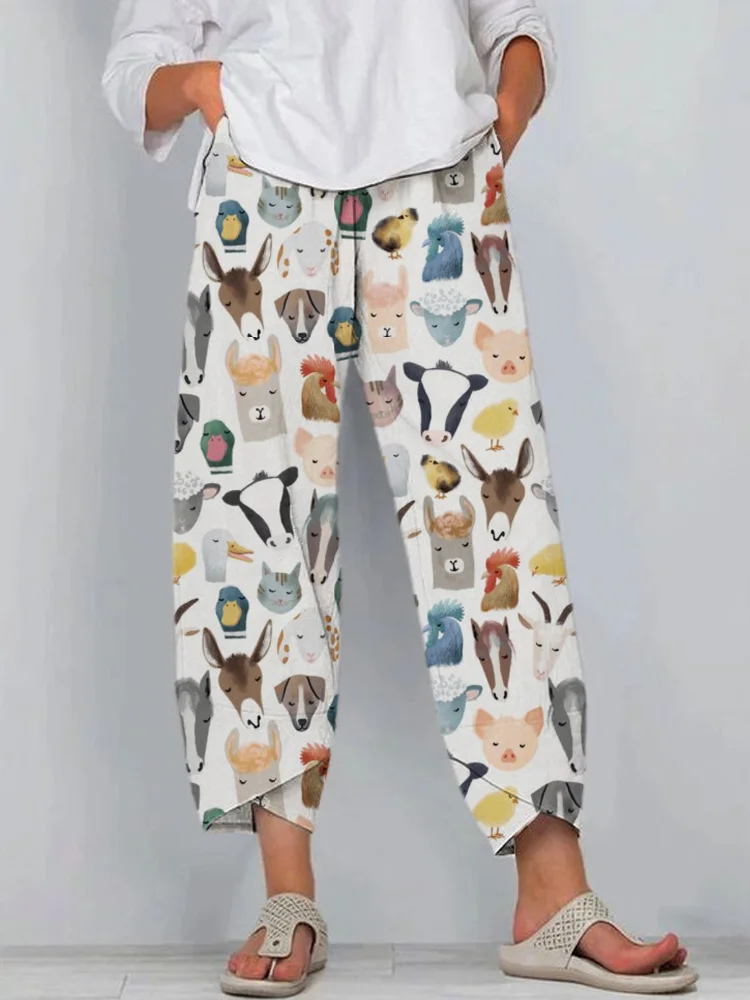 Farm Animal Family Pattern Women's Linen Trousers