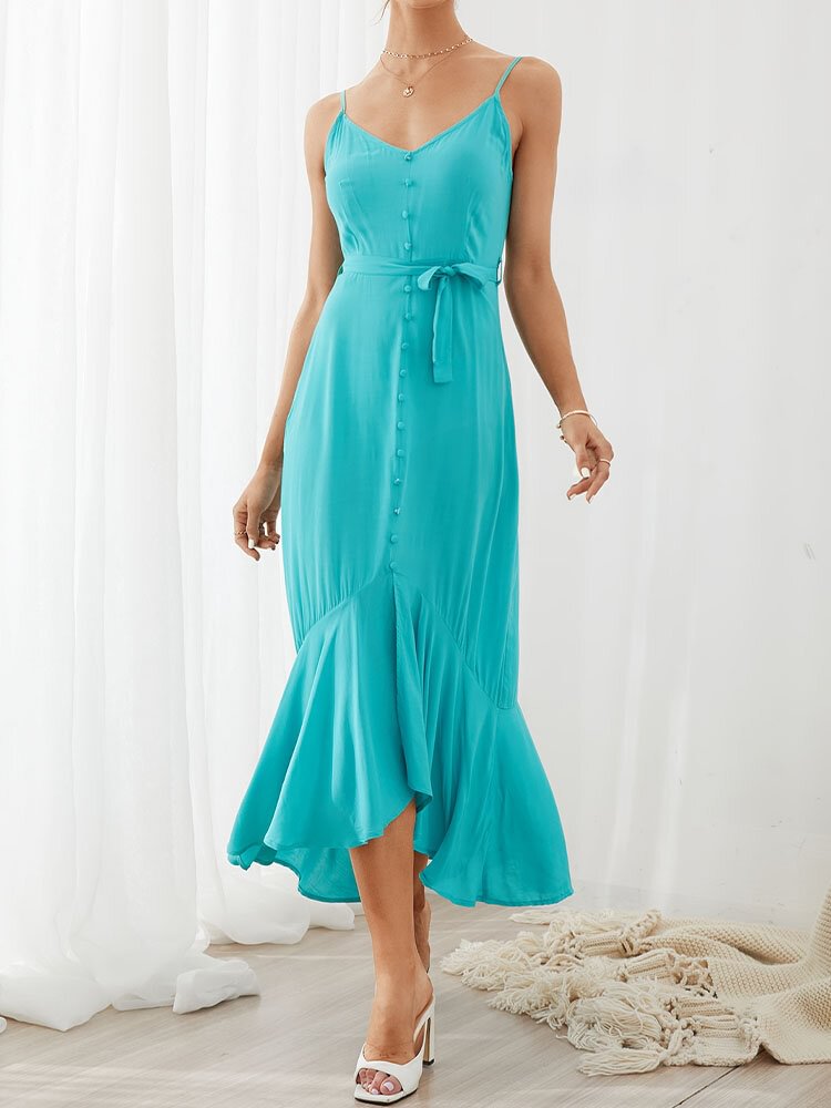 Solid Color Sleeveless Backless Knotted Breasted Ruffle Hem Strap Sexy Dress