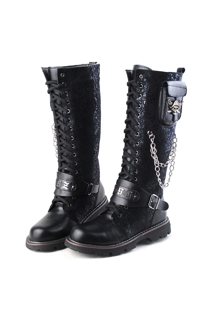 Gothic Black Party Patchwork Lace PU Leather Skull Chain Lace Up Thick Bottom Boots