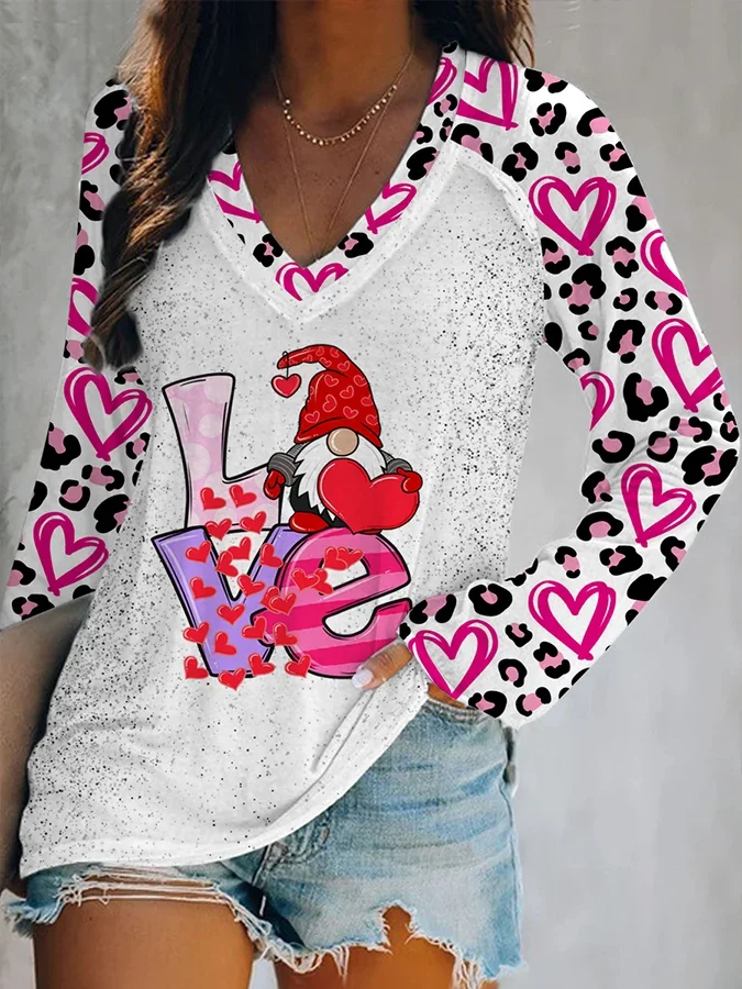 Love Print Color Block V-Neck Long Sleeve T-Shirt