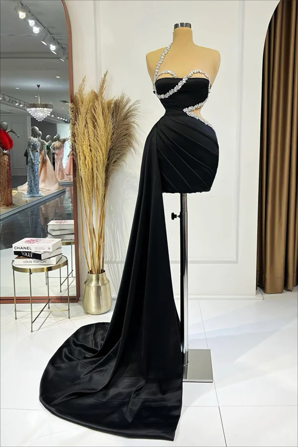 Daisda Exquisite Black Satin One Shoulder Sleeveless Beadings Short Homecoming Dress with Pleated