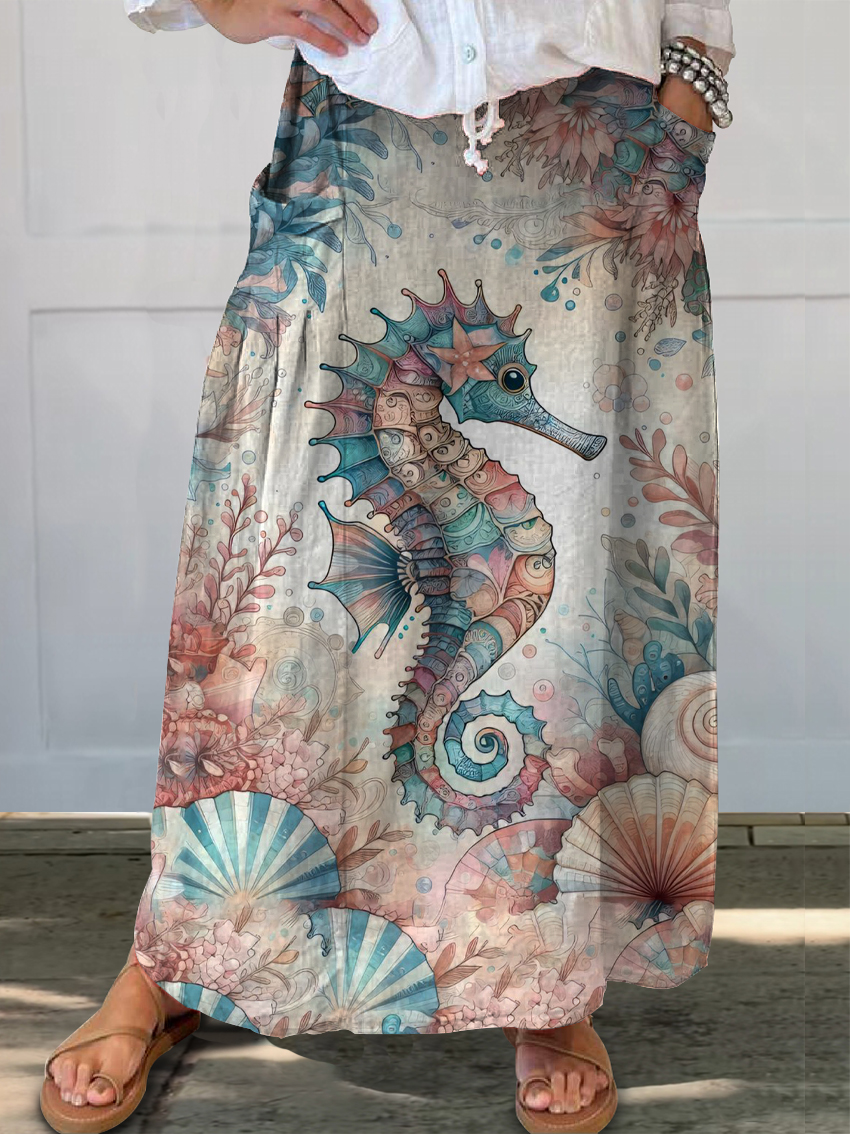 Women's Vintage Fish Sardines Art Print Linen Pocket Skirt main image 0
