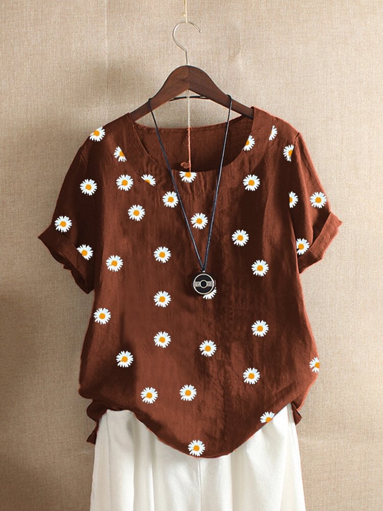Daisy Floral Print Short Sleeve O neck T shirt For Women P1654585
