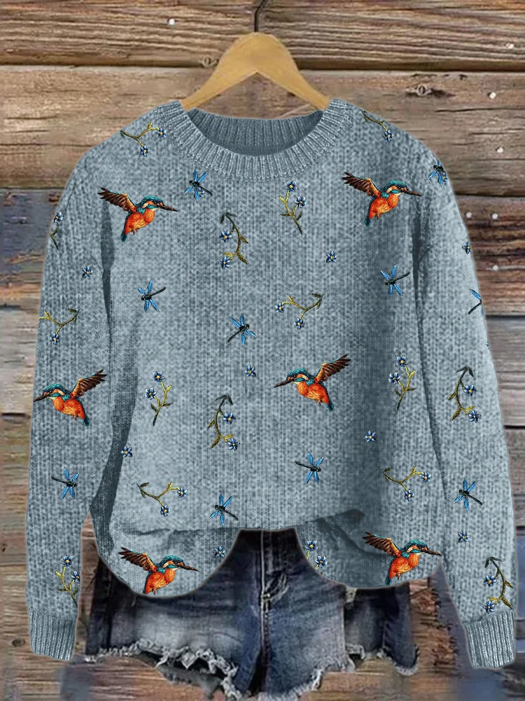 Hummingbirds & Dragonflies Floral Embroidered Cozy Knit Sweater