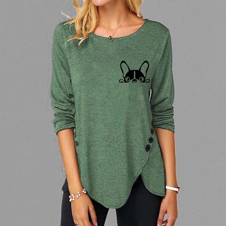Vefave Simple Dog Print Irregular Hem T-Shirt