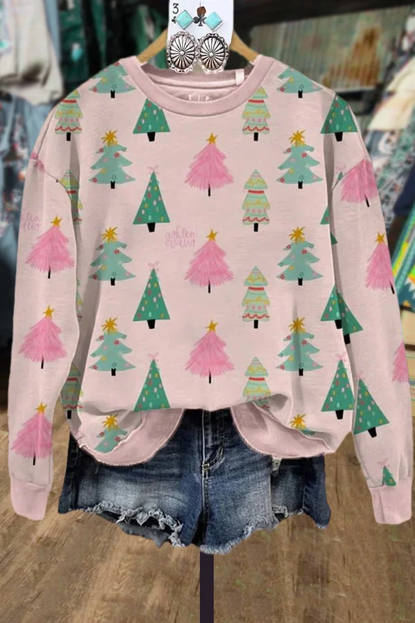 Casual Christmas Tree Print Long Sleeve Sweatshirt