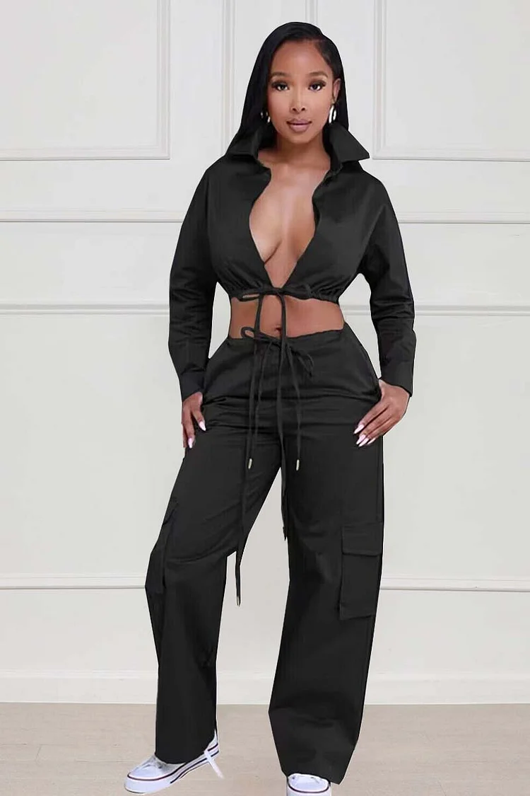 Long Sleeve Backless Tie Up Crop Top Drawstring Wide Leg Pocket Pants Matching Set