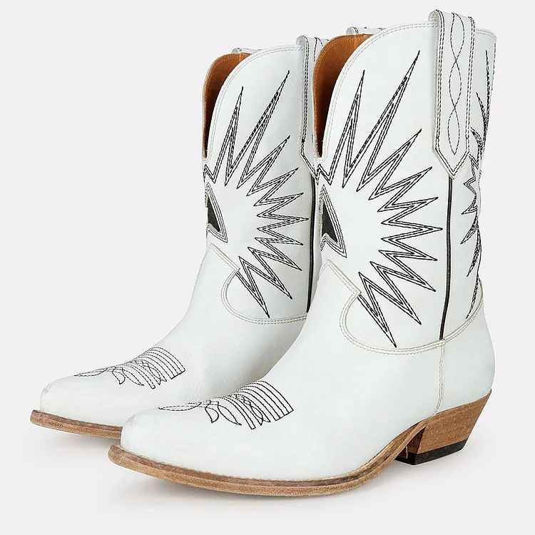 White Embroidery Cowgirl Boots Block Heel Mid Calf Boots |FSJ Shoes