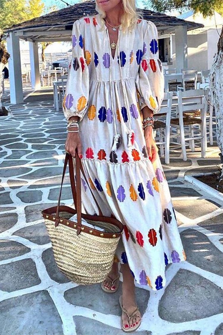 Fashion Casual Print Patchwork V Neck Long Sleeve Dresses - Life is Beautiful for You - SheChoic