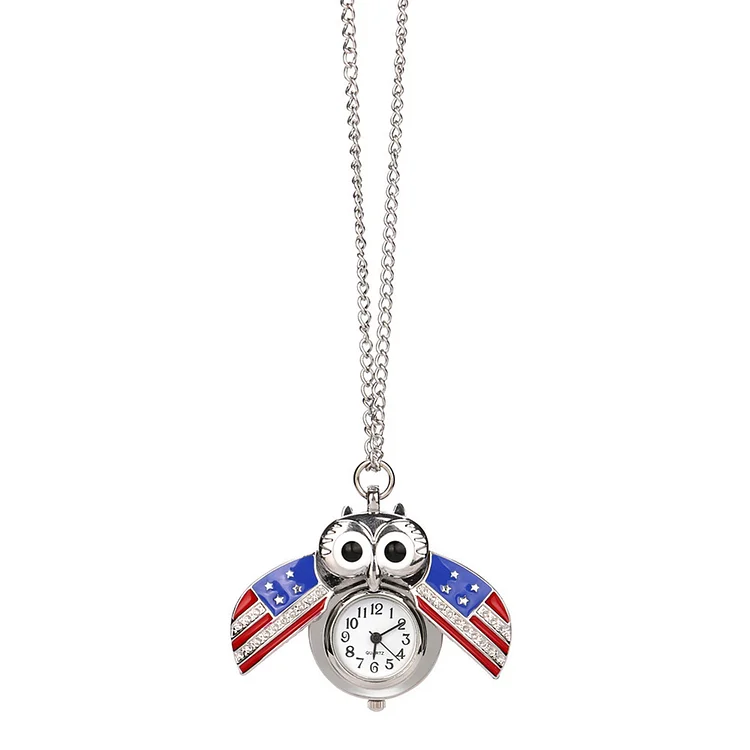 Owl Pocket Watch Necklace with America Flag Patriotic Necklace
