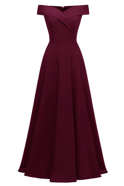 Burgundy A-line Off-the-shoulder Long Formal Dress - BlackFridayBuys
