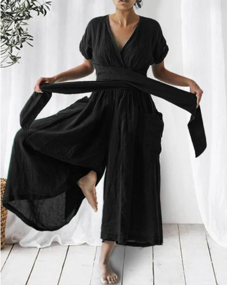 Short Sleeved Solid Color Loose Casual Jumpsuit