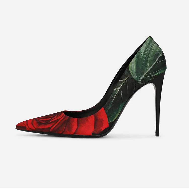 FSJ Red Rose Print Pumps Shoes Elegant Pointy Toe Stiletto Heels |FSJ Shoes