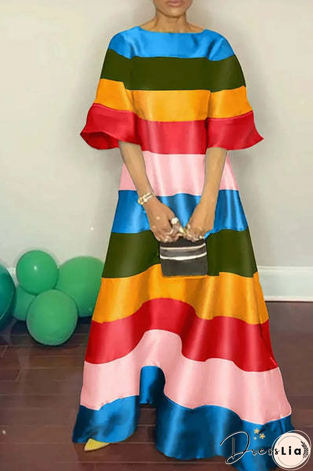 Rainbow Stripe Short Sleeve Loose Maxi Dress