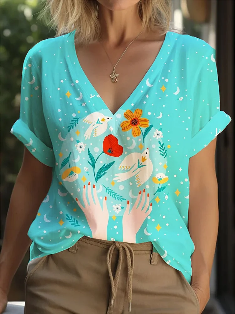 Women's V-neck Peace Dove Print Top socialshop