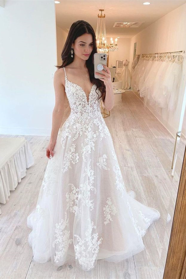Spaghetti-Straps Tulle Lace A Line Wedding Dress