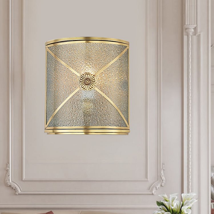 Water Glass Half Cylinder Flush Wall Sconce Traditional 1 Head Corner Wall Mount Light in Brass
