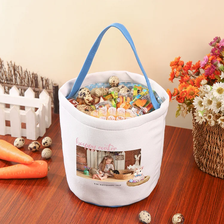 Easter Bunny Tote Bag Personalized Photo & 2 Texts Bucket Bag White Basket Gifts For Kids