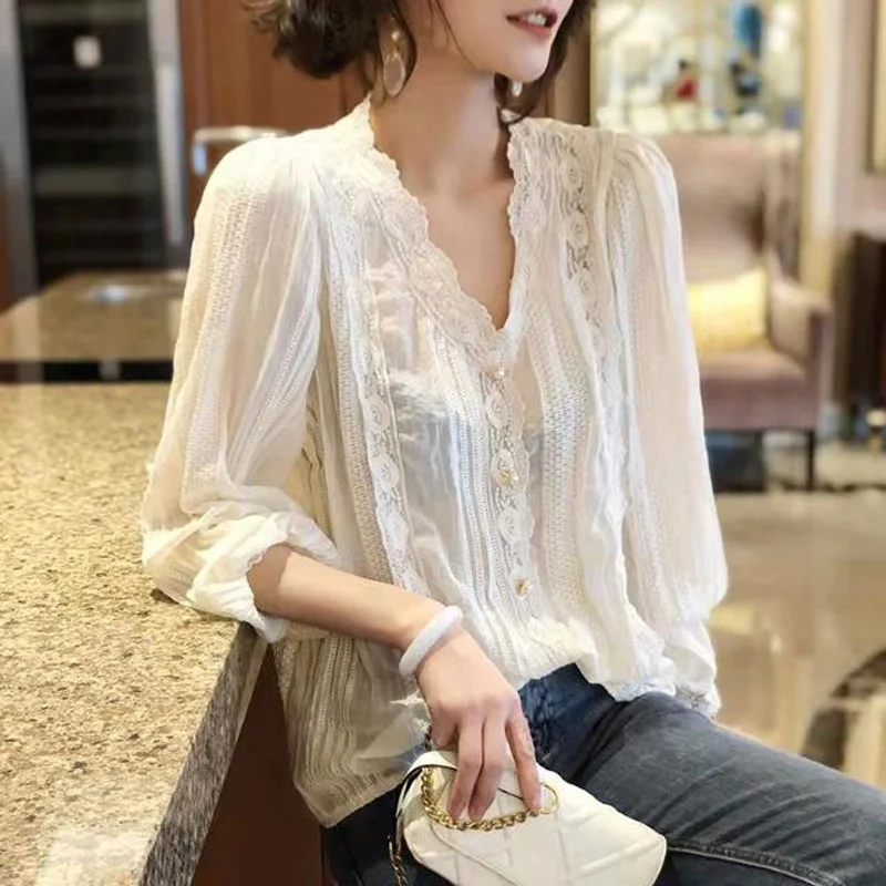 Nigikala Wind Solid Color Lace Spliced Shirt Spring Autumn Long Sleeve Women's Hollow Out Chic Pearl Button Korean V-Neck Blouse