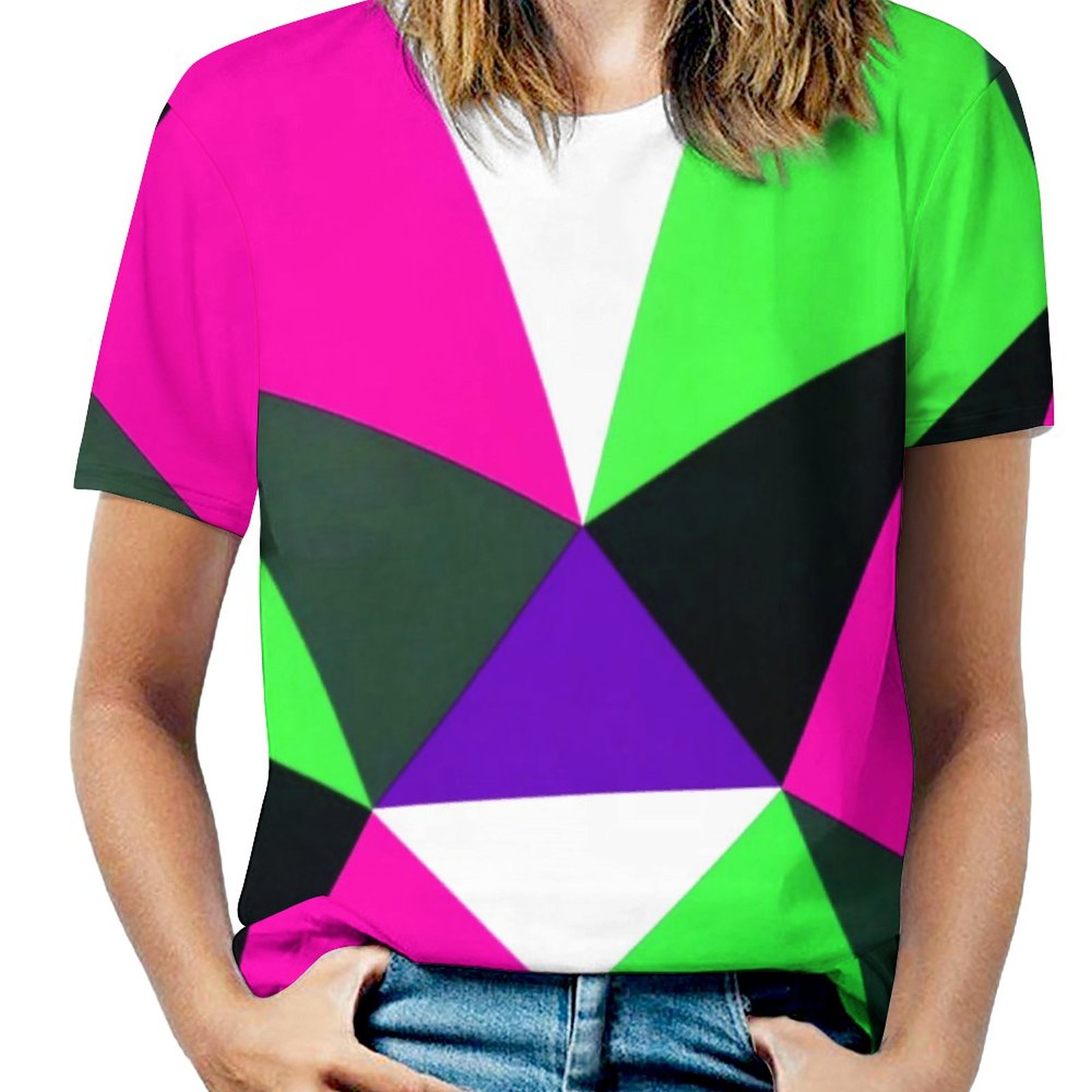 Bold 80S Color Block Neon Green Pink Purple Trendy Lightweight Short Sleeve  T-Shirt Crew Neck Plus Size Tunic Blouses Muslimah Long Tunic Tee Shirts  Cotton-Like Feel Breathable Comfortable To Wear, image size:1600x1600