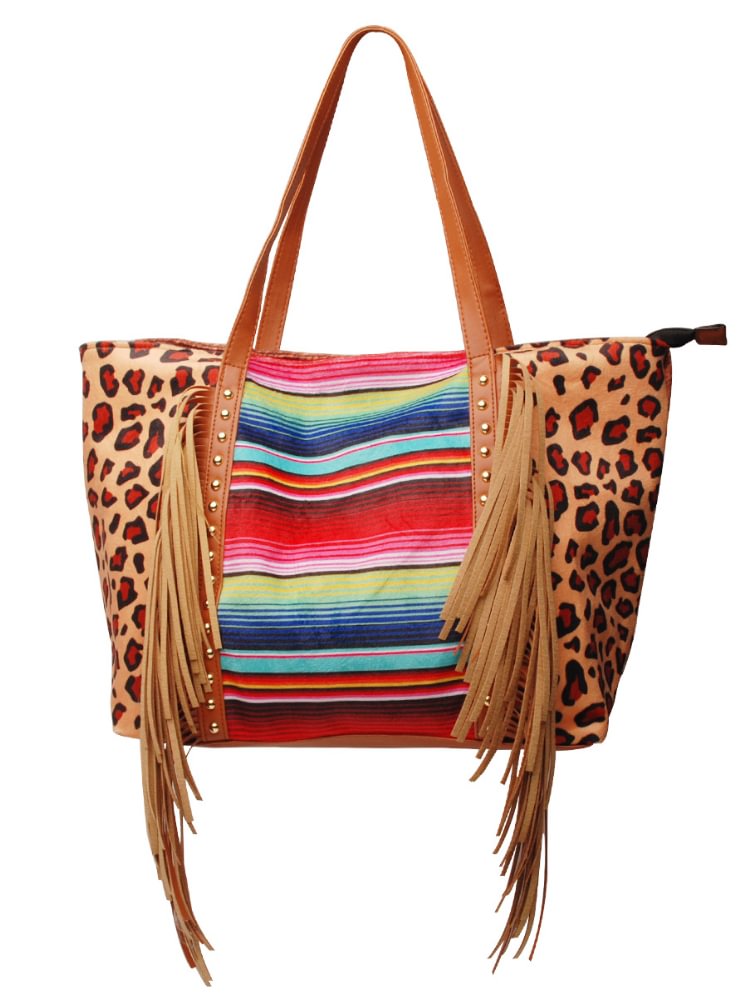 Western Rainbow Stripe Leopard Cowhide Tassel Bag