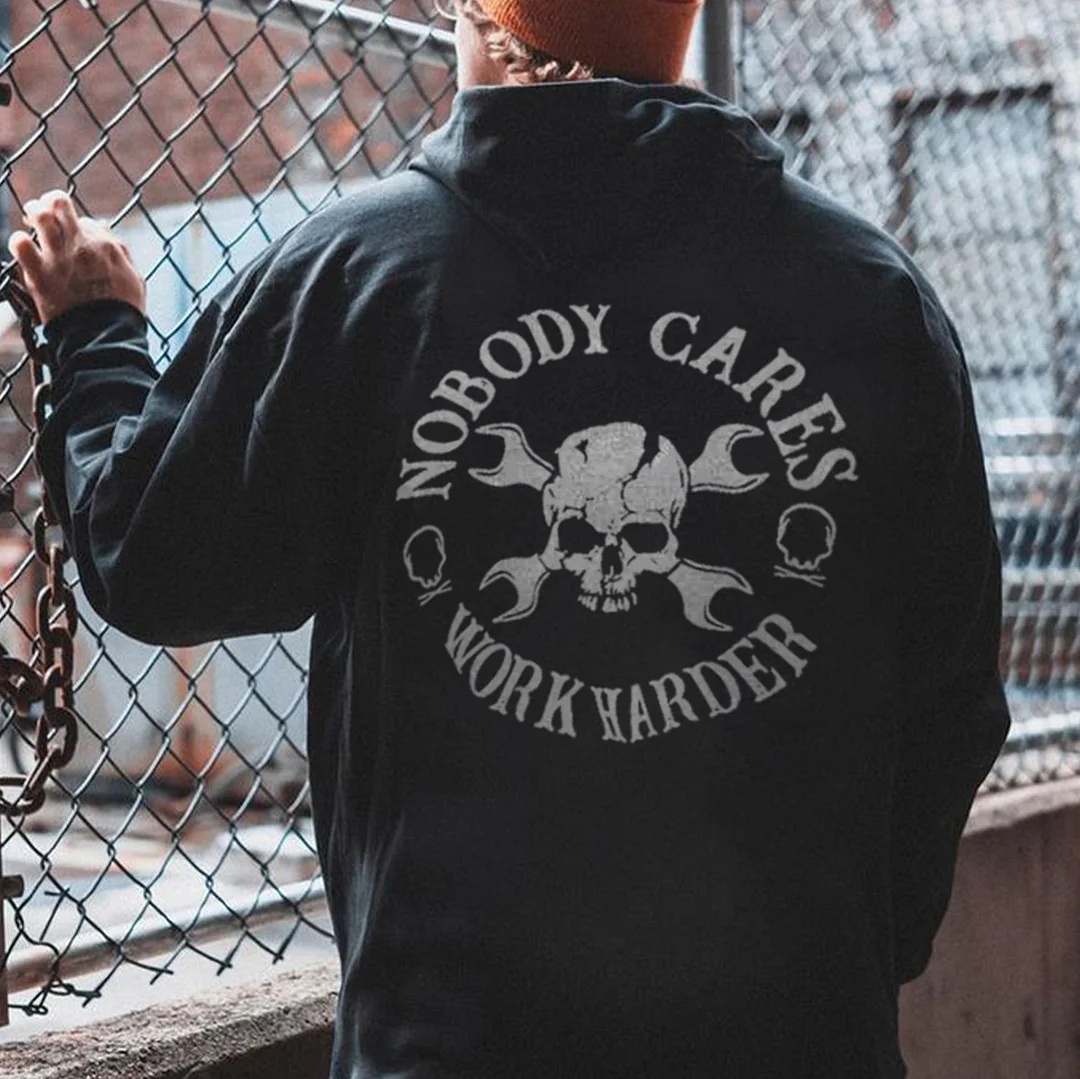NOBODY CARES, WORKER HARDER Skull Motor Handles Black Print Hoodie