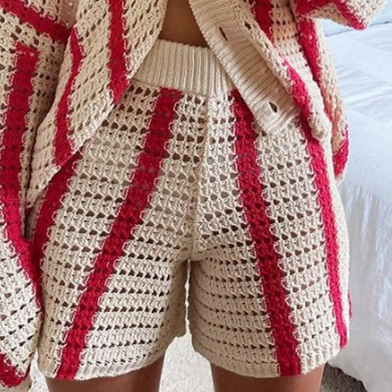UForever21 2023 New Knitted Long Sleeve Cardigan Women's Red Stripe Loose Shorts Y2K Autumn Casual Sweater Top V Neck Oversized Cardigans