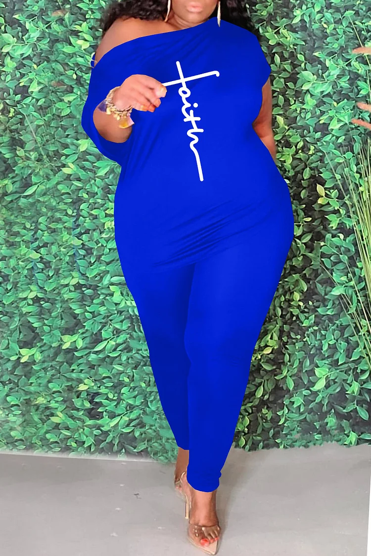 Blue Fashion Casual Print Basic Oblique Collar Plus Size Two Pieces