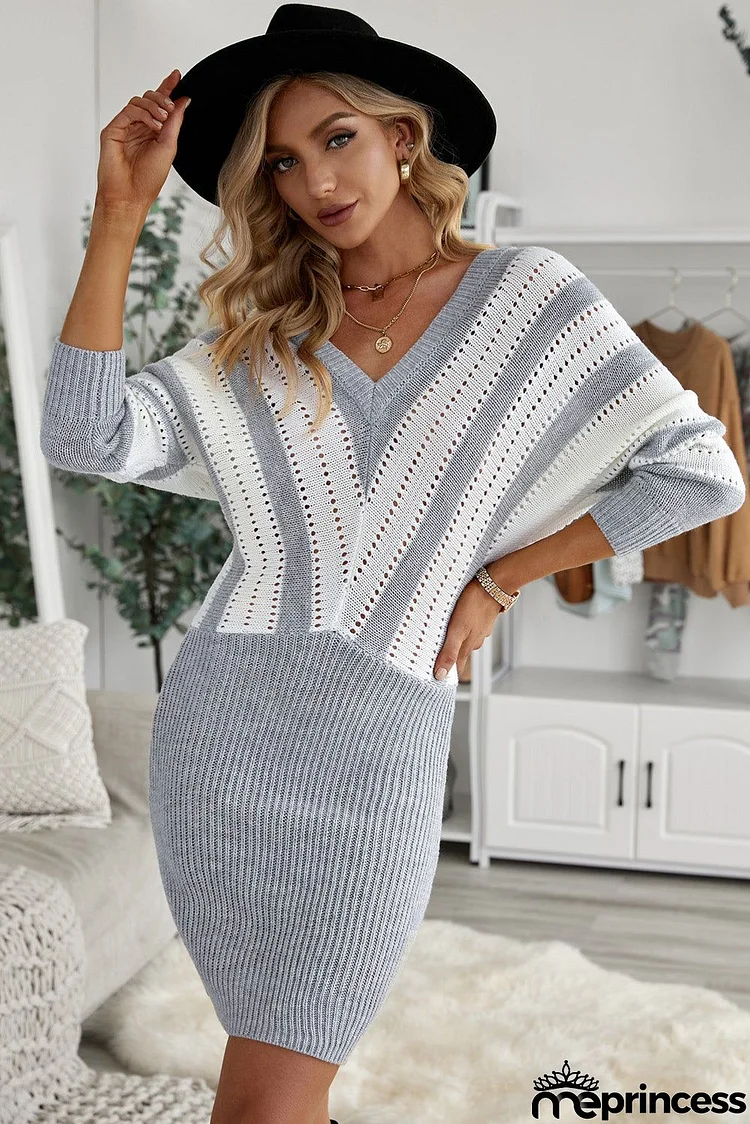 Gray Colorblock Hollow Out V Neck Bodycon Sweater Dress