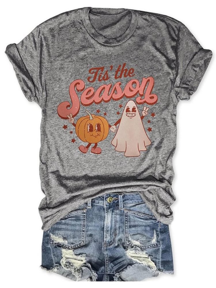 Tis The Season Halloween Pumpkin Ghost Print Crew Neck Casual T-Shirt