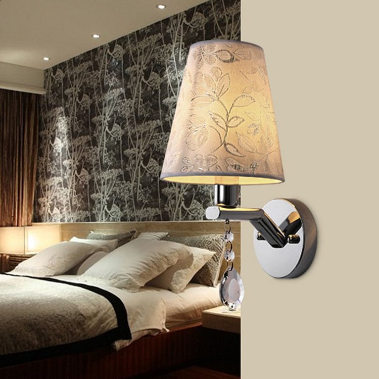 Tapered Living Room Wall Sconce Traditional Fabric 1 Bulb White LED Wall Light Fixture with Clear Crystal Drop