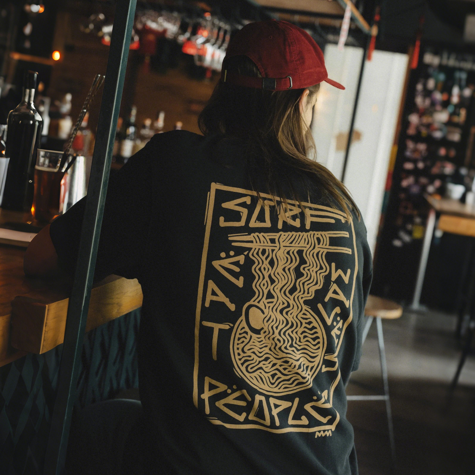 thesupersurf Cotton Blend Black T-Shirt with Embroidered 'Eat Waves' Noodle Design