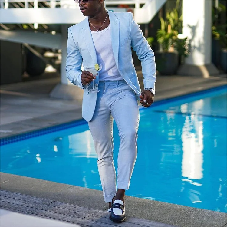 Men's Wedding Formal Lapel Collar Long Sleeve Solid Blazer & Straight Pants 2Pcs Set