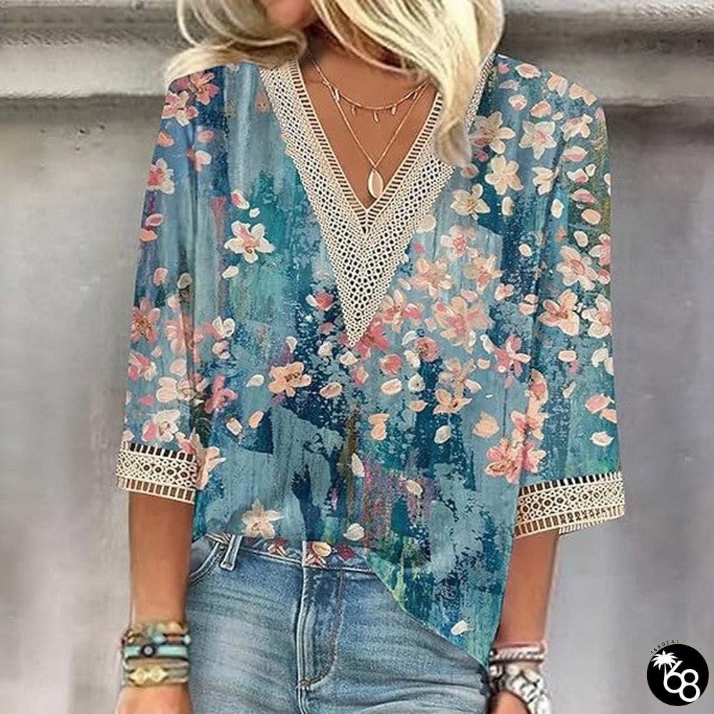 Temperament Floral Print V-Neck Blue Top | 168DEAL