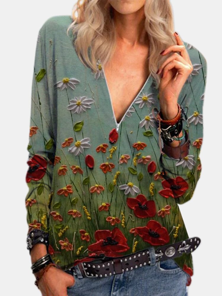 Flower Print Zipper V neck Long Sleeve Vintage Blouse For Women P1776664