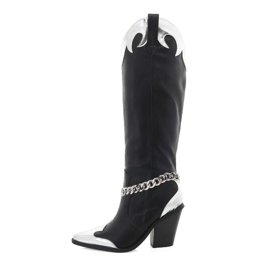 Knee High Cowgirl Boots Black And Silver With Chain Decor Cone Heel Boots Nicepairs
