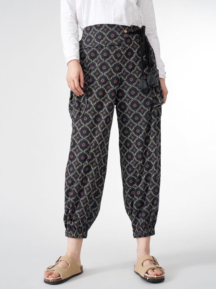 Vintage Floral Print Dual Pocket Tie Side Pants For Women