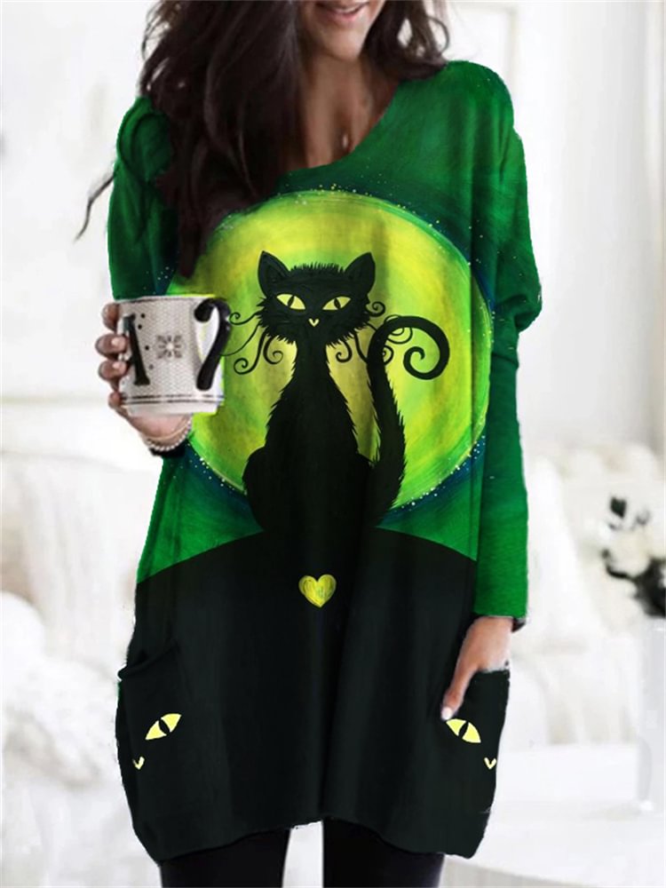 Vefave Halloween Black Cat Patch Pocket Tunic