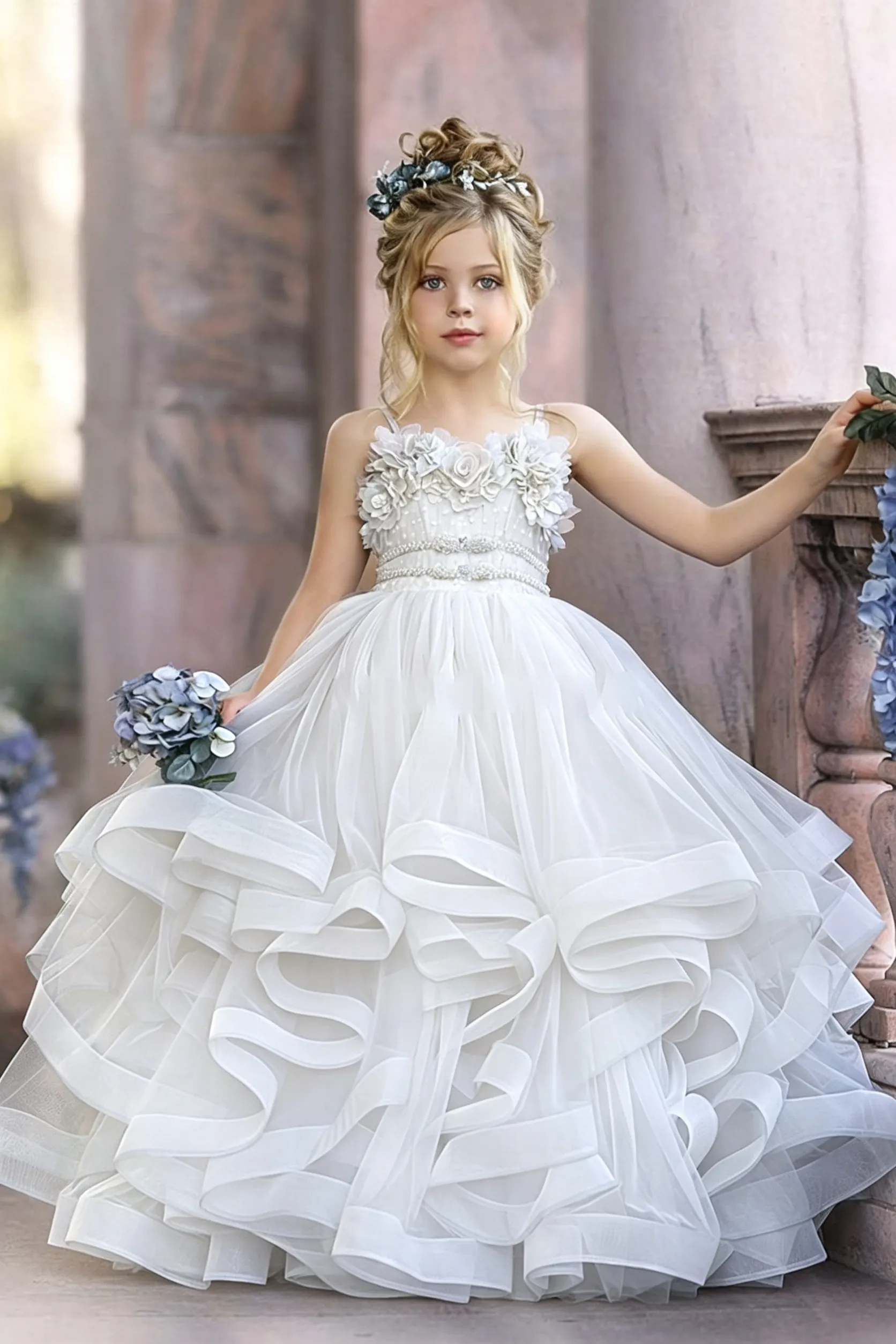Daisda Dusty Blue Sleeveless Spaghetti Straps Flower Girl Dresses Tulle with Lace Crystal Appliques Sequins