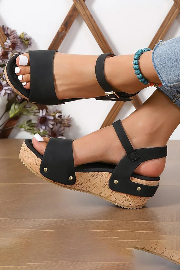 Faux Leather Platform Wedge Buckle Seam Two Straps Sandals