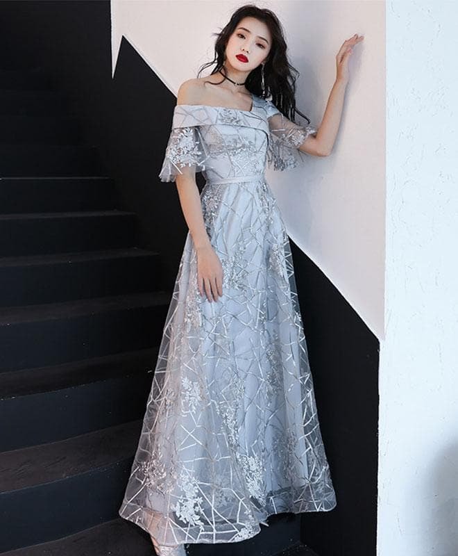 Gray Tulle Lace One Shoulder Long Prom Dress Lace Evening Dress