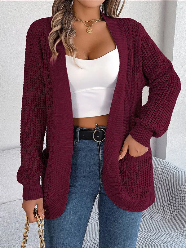 Long Sleeves Loose Pockets Solid Color Collarless Cardigan Tops