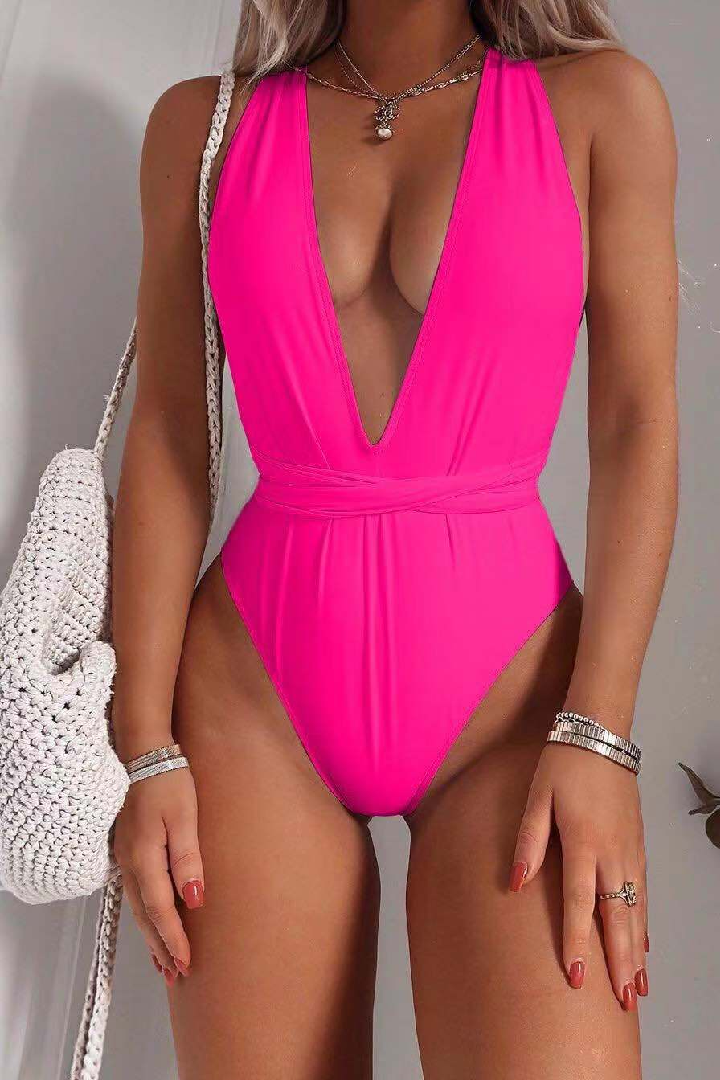 Lace-Up Backless Plunge One-Piece Swimwear