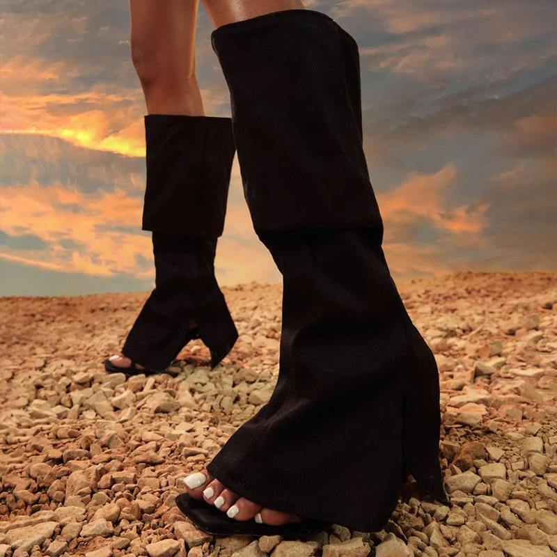 Black Square Toe Stiletto Heels Fold Over Mid-Calf Sandal Boots