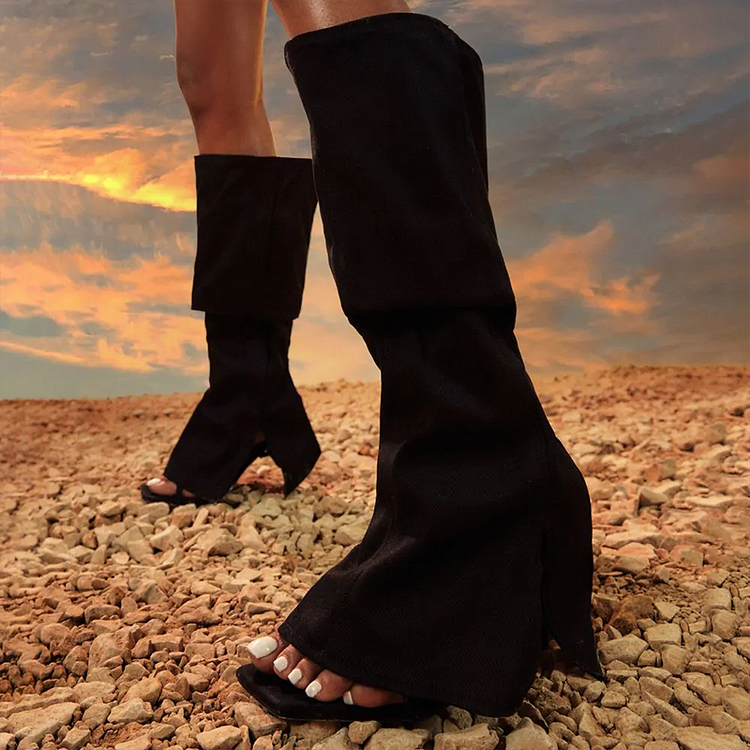 Women'S Black Folded Strap Boot Classic Square Toe Stiletto Heel Calf High Sandal Boots |FSJ Shoes
