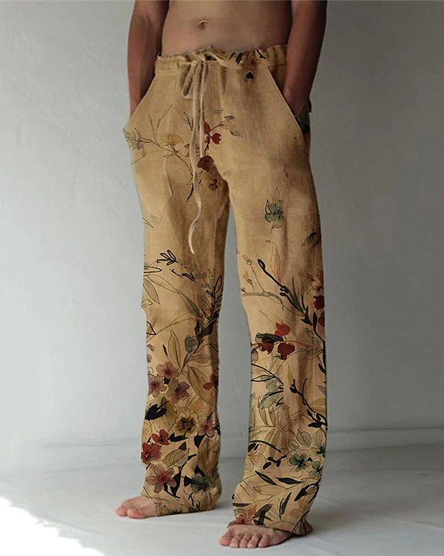 Suitmens Men's Floral Pattern Cotton Linen Trousers 21